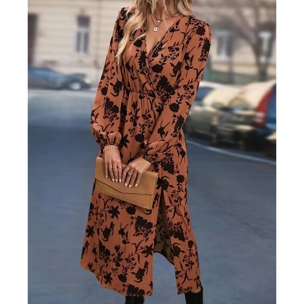 Women’s Allover Floral Print Bishop Long Sleeve V Neck High Slit Midi Dress New - Picture 3 of 7